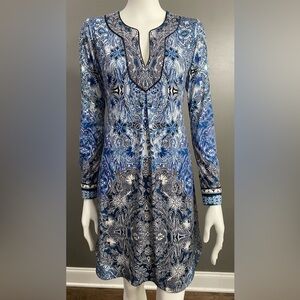 Hale Bob Paisley Elegant Blue Patterned Long Sleeve Dress Size XS